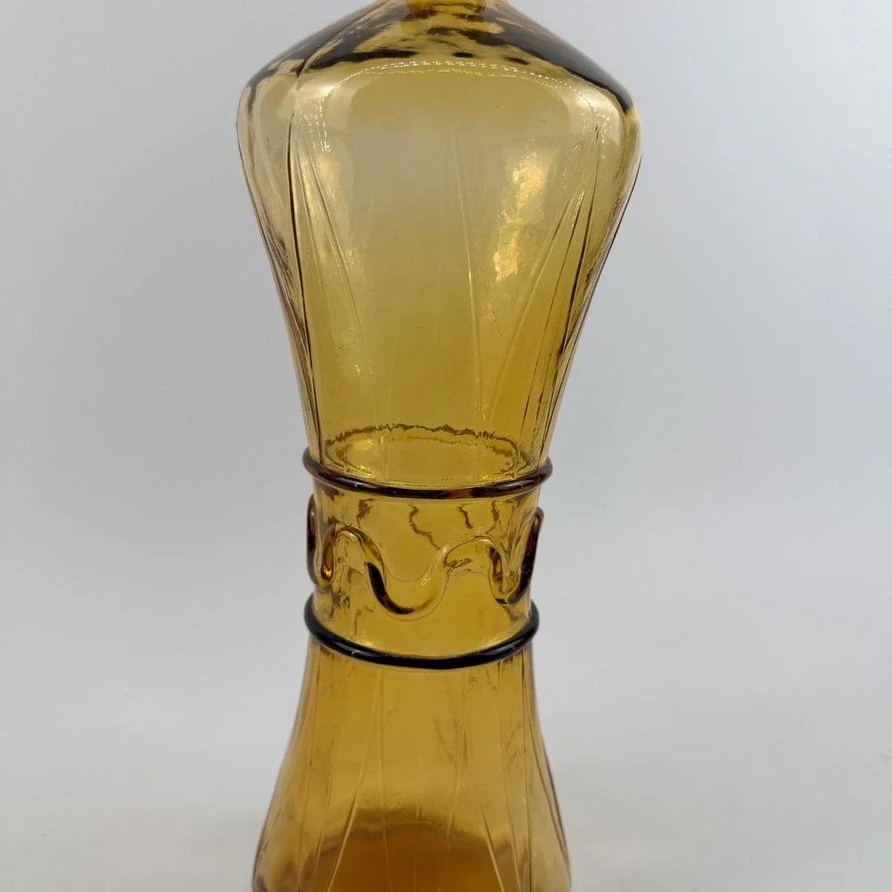 Vintage Empoli Italian Amber Glass Decanter Bottle Applied Ribbon Waist